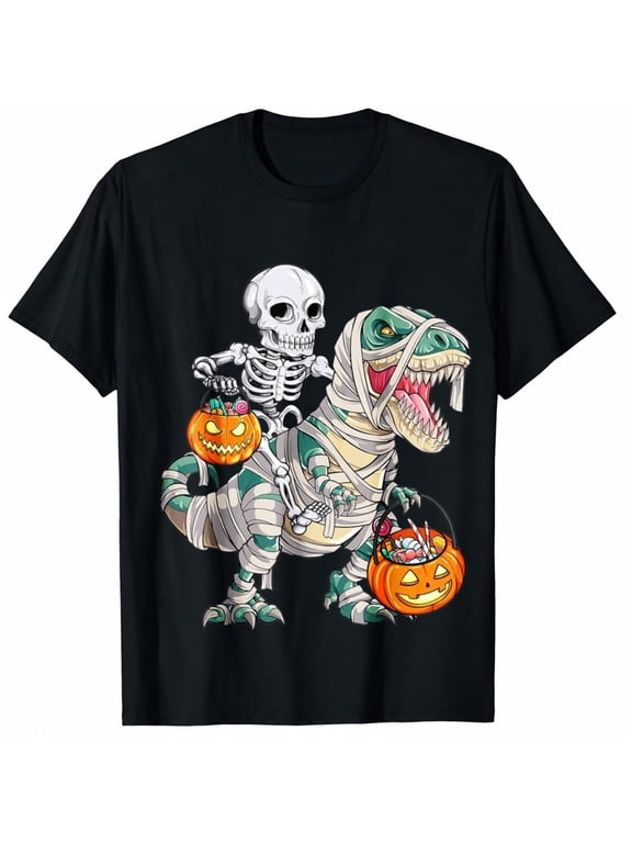 Skeleton Riding Mummy Dinosaur T-rex Halloween Funny Pumpkin Mens T-Shirt