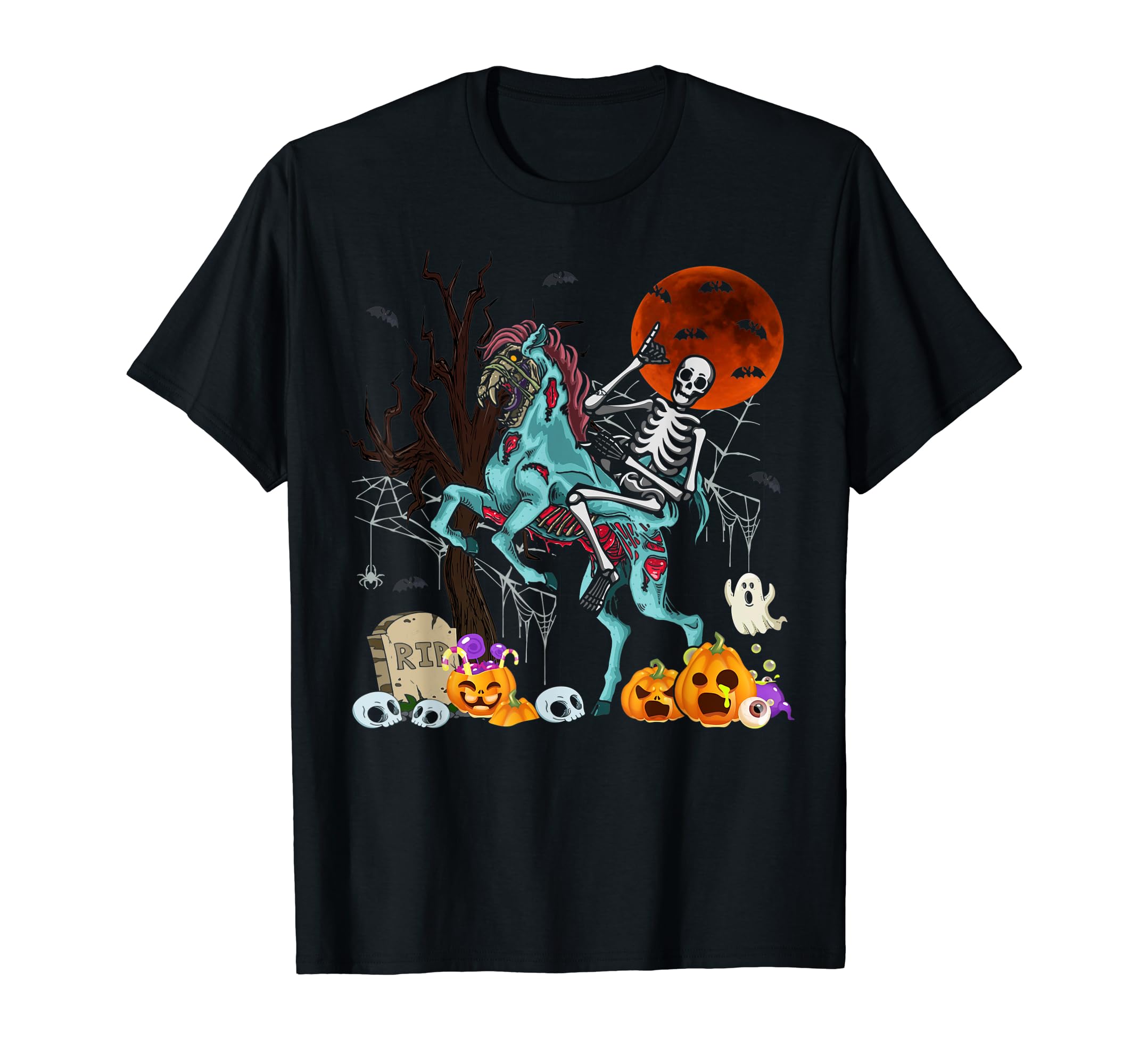 Skeleton Riding On Zombie Horse Kid Skeleton Horse Halloween Black T