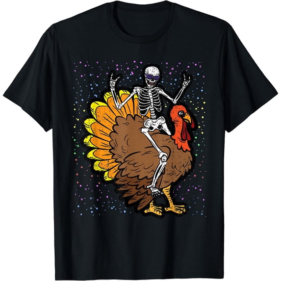 Skeleton Riding Turkey Thanksgiving Day Funny Fall Autumn T-Shirt ...