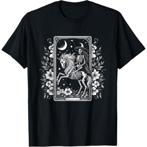 Skeleton Riding Unicorn Skeleton Tarot Card Halloween Flower T-Shirt