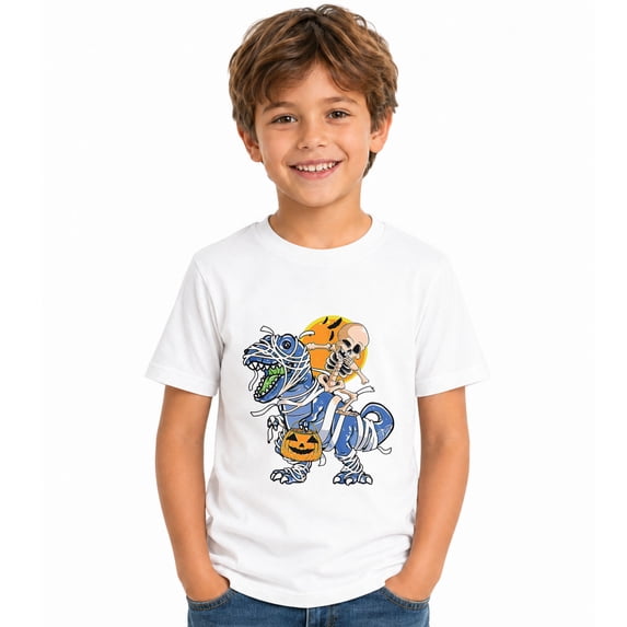Skeleton Riding Wrapped Dinosaur Halloween Graphic T-Shirt for Boys, Cute Seasonal Short Sleeve Shirt for Everyday Wear