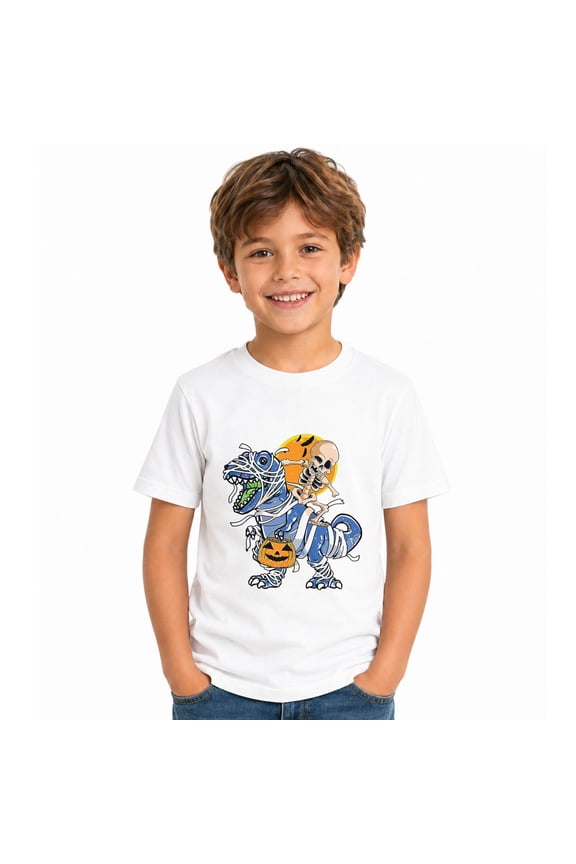 Skeleton Riding Wrapped Dinosaur Halloween Graphic T-Shirt for Boys, Cute Seasonal Short Sleeve Shirt for Everyday Wear