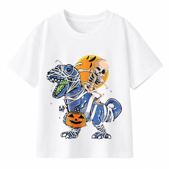 Skeleton Riding Wrapped Dinosaur Halloween Graphic T-Shirt for Boys, Cute Seasonal Short Sleeve Shirt for Everyday Wear