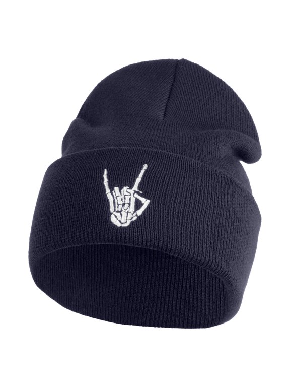 Skeleton Rock Logo Embroidered 12" Long Knitted Beanie - Navy OSFM