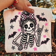 Skeleton Rock and Roll Shirt Messy Bun Skeleton Rock Hand Bats Black Spooky Season Clothing Alternative Style Tee