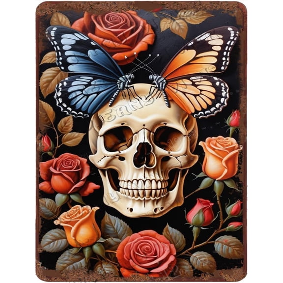 Skeleton with Rose Wall Art 12x16 Inch Creative Aluminum Sign Boho Room Decor Horror Party Decor for Home Cafes Club Pub Bar Garage Man Cave Wall Decor