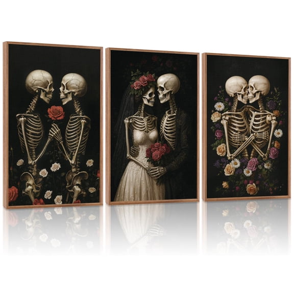 Skeleton Rose Wedding Wall Art Prints, Dark Romantic Halloween Decor, Set Of 3
