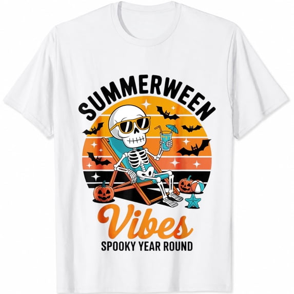 Skeleton Shirt Men, Summerween Beach Skeleton Halloween Shirt, Spooky Season Graphic T-Shirt