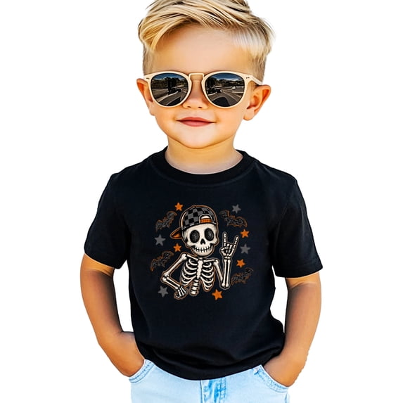 Skeleton Shirt for Boys Halloween Rock On Graphic Tee, Black Shirt, 4T