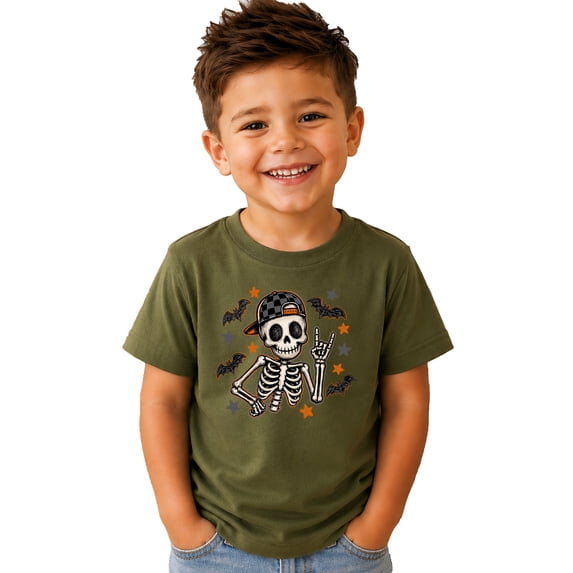 Skeleton Shirt for Boys Halloween Rock On Graphic Tee, Military Green Shirt, 4T