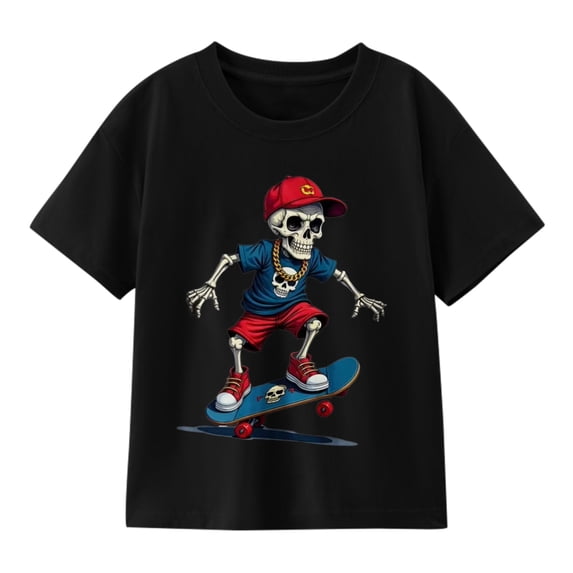 Skeleton Skateboarder Halloween Graphic T-Shirt for Boys, Cute Seasonal Short Sleeve Shirt for Everyday Wear
