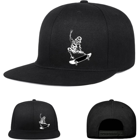 Skeleton Skating Theme Black Snapback Hats for Men, Classic Skate Skateboarder Gift for Skaters Flat Bill