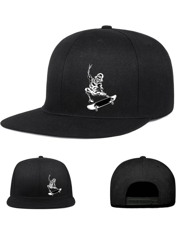 Skeleton Skating Theme Black Snapback Hats for Men, Classic Skate Skateboarder Gift for Skaters Flat Bill