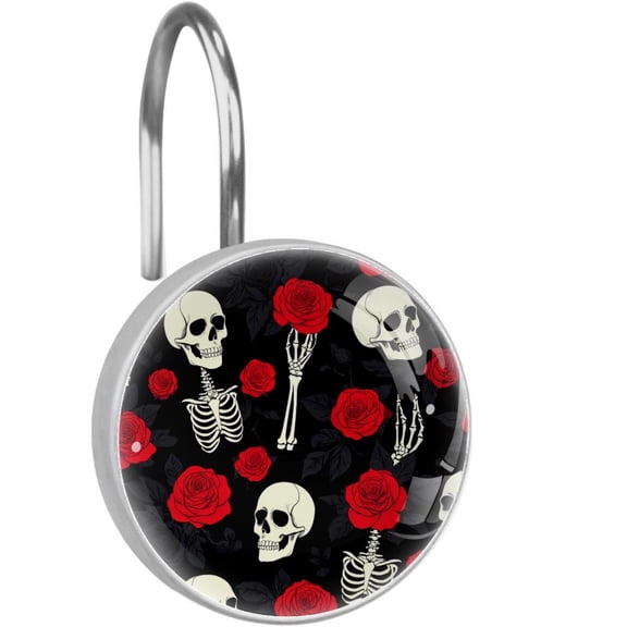Skeleton Skell Hand Holds Roses Shower Curtain Hooks Round Crystal Glass, Set of 12 Shower Curtain Rings - Shower Hooks for Curtain Shower Rings