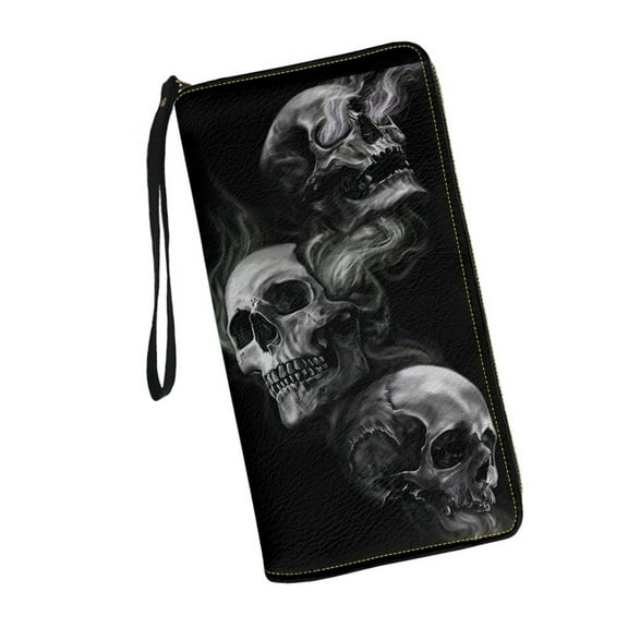 Skeleton Skull Black Wallet for Women RFID Blocking PU Leather Zipper Around Wallets Clutch Wristlet Travel Long Purse