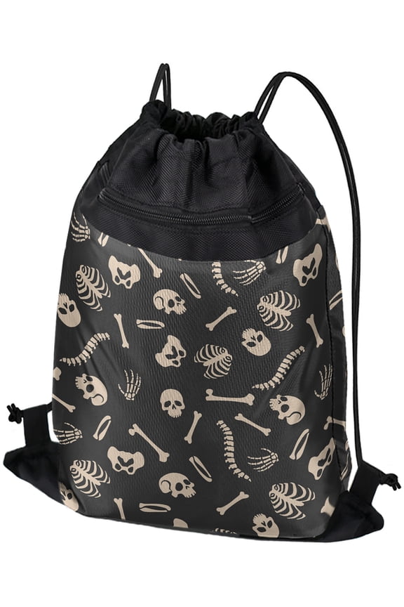 Skeleton Skull Bones Rib Cage And Femur Pattern Drawstring Backpack Sports Bag Sackpack 17" x 13", Perfect for Gym, Yoga or Practice