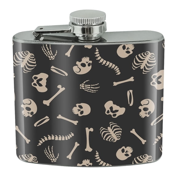 Skeleton Skull Bones Rib Cage and Femur Pattern Stainless Steel 5oz Hip Drink Kidney Flask