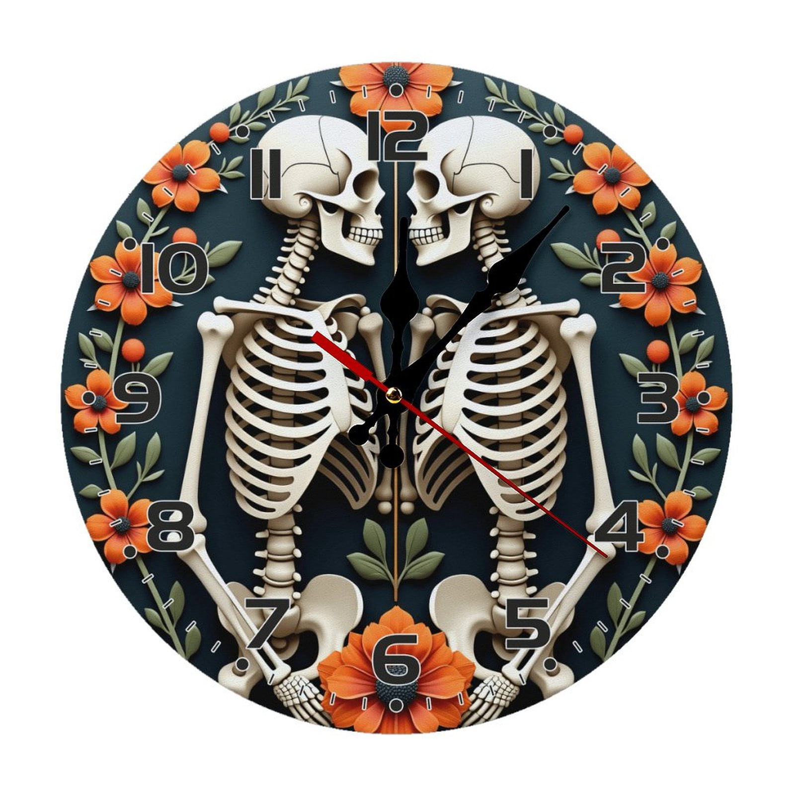 Skeleton Skull Bones Wall Clock 10 Inch Silent Non Ticking Round Clock ...