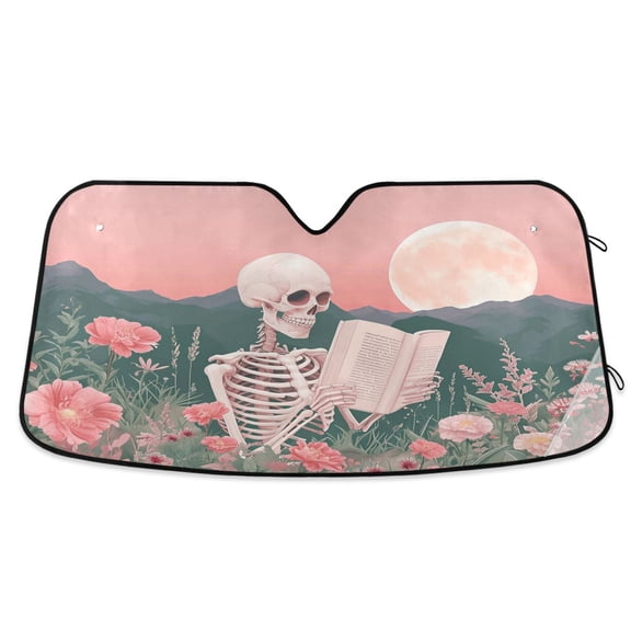 Skeleton Skull Read Book Car Windshield Sun Shade Foldable Car Front Window Visor Heat and UV Protection 57x31.5