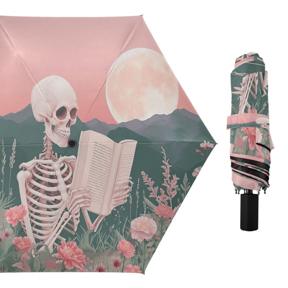 Skeleton Skull Read Book Compact Sun Umbrella Windproof Travel Umbrellas for Rain Strong Portable UV Protection