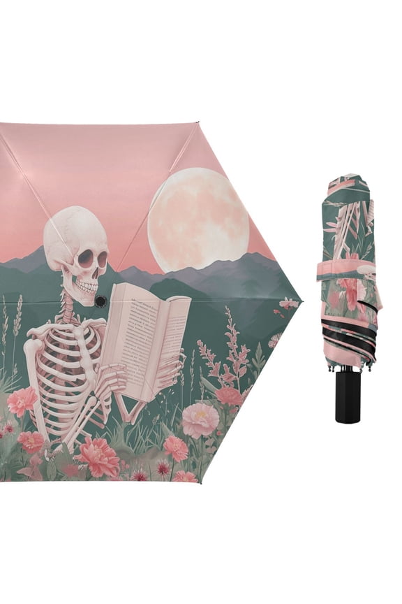 Skeleton Skull Read Book Compact Sun Umbrella Windproof Travel Umbrellas for Rain Strong Portable UV Protection