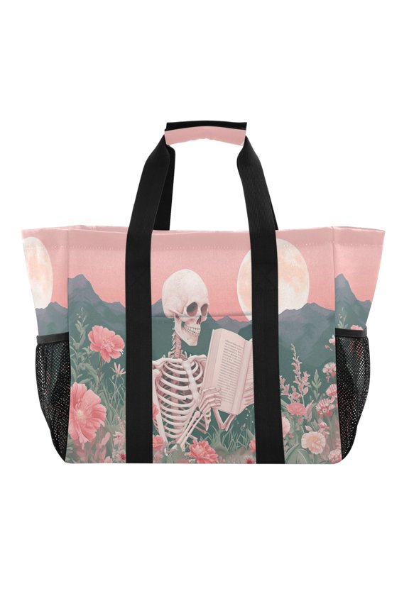 Skeleton Skull Read Book Reusable Grocery Bags with Handle Side Pocket Waterproof Shopping Portable Tote
