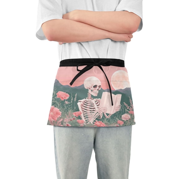 Skeleton Skull Read Book Server Apron with 3 Pockets Waterproof Waitress Waist Short Apron for Man Woman 12 Inches