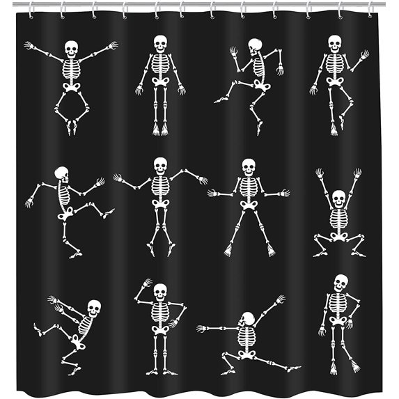 Skeleton Skull Shower Curtain Funny Dance Halloween Dancing Cartoon Fun Joints Party Vintage Shower Curtain Sets with 12 Hooks, Eco-Friendly, No Odor Rust Proof Grommets, Black