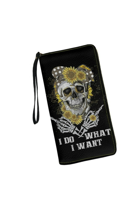 Skeleton Skull Sunflower Walet for Women RFID Blocking PU Leather Zip Around Wallets Clutch Wristlet Travel Long Purse