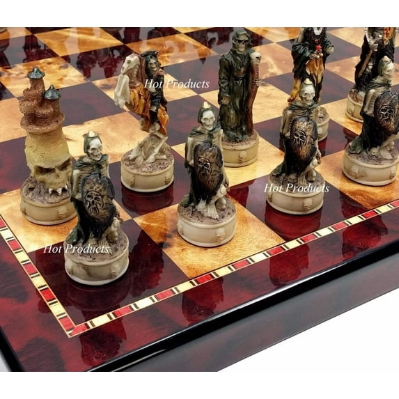 Skeleton Slayer Fantasy Gothic Skull Chess Pieces Set W/ 18" Cherry Color Board