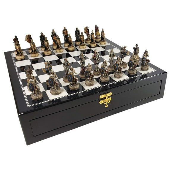 Skeleton Slayer Gothic Fantasy Skull Chess Set 17" Black  White Storage Board