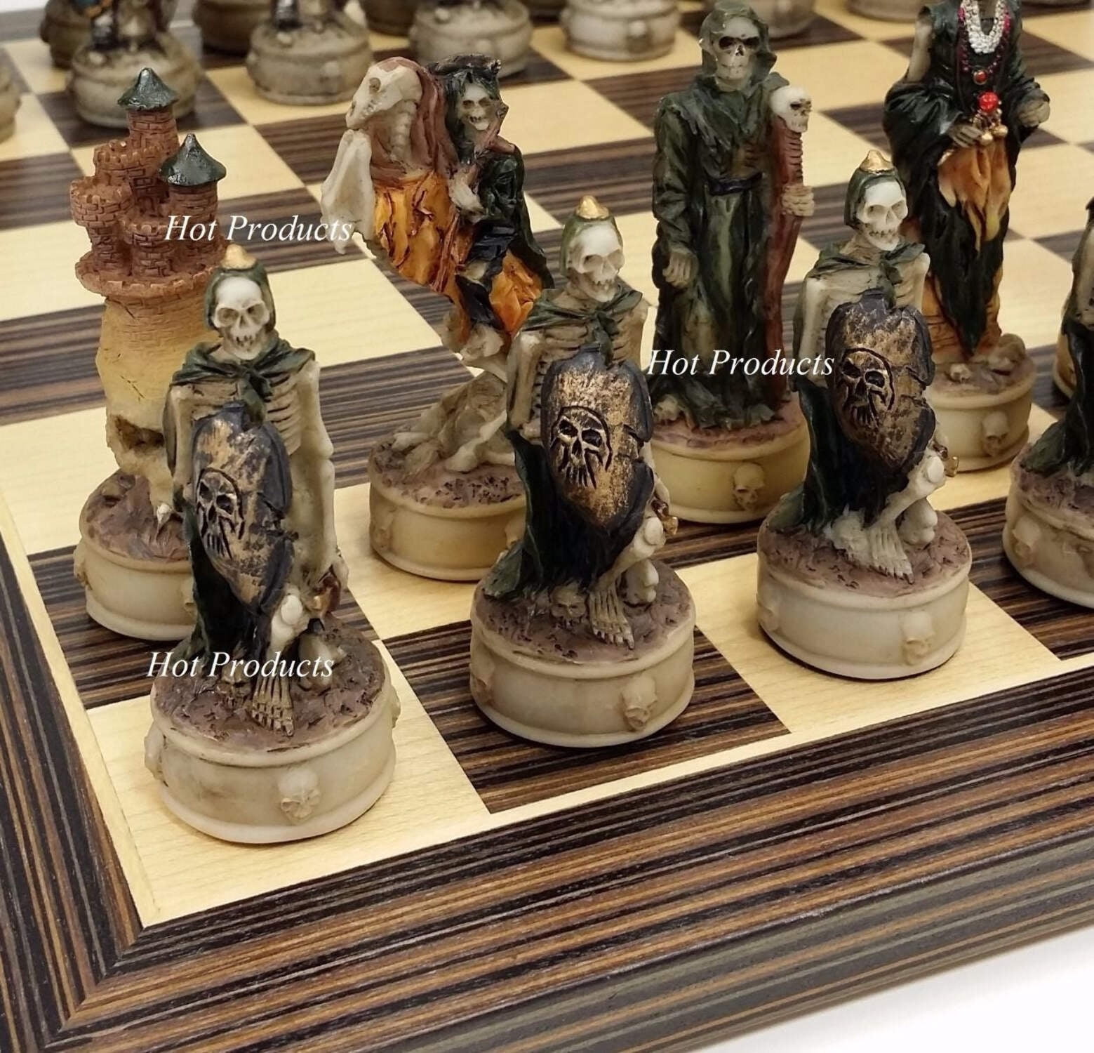 Skeleton Slayer Gothic Skull Chess Set W/ 14" Ebony  Maple Wood Board