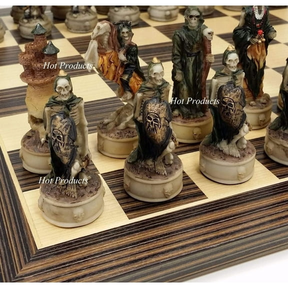 Skeleton Slayer Gothic Skull Chess Set W/ 14" Ebony  Maple Wood Board
