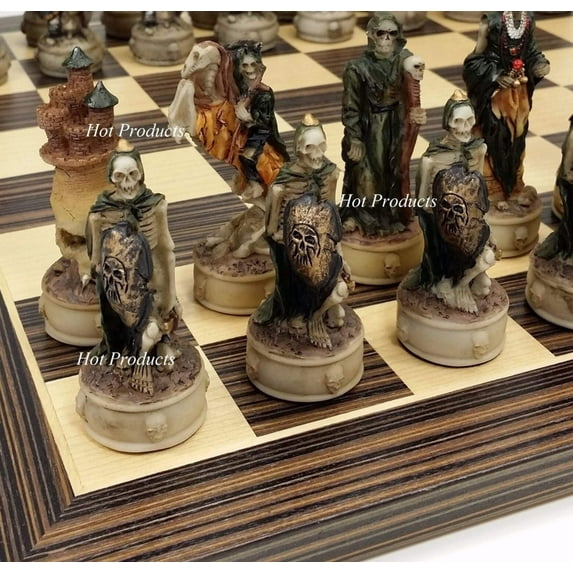 Skeleton Slayer Gothic Skull Chess Set W/ 14" Ebony Maple Wood Board