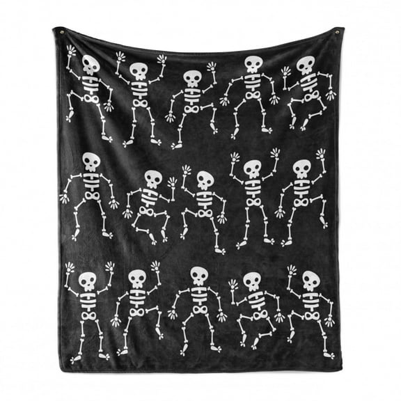 Skeleton Soft Flannel Fleece Throw Blanket, Halloween Fun Themed Dancings Continuous Pattern Illustration, Cozy Plush for Indoor and Outdoor Use, 50" x 60", Charcoal Grey and White, by Ambesonne