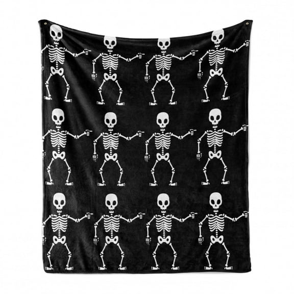 Skeleton Soft Flannel Fleece Throw Blanket, Simple Monochrome Pattern of Pointing Funny Spooky Halloween, Cozy Plush for Indoor and Outdoor Use, 60" x 80", Charcoal Grey and White, by Ambesonne