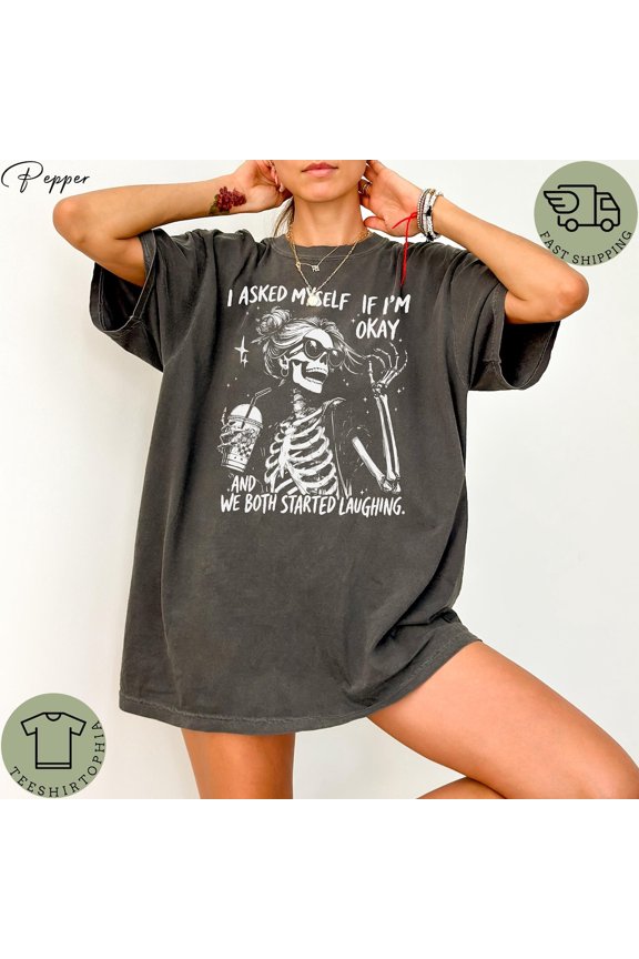 Skeleton Spooky Aesthetic Iced Coffee Skeleton Relatable T-Shirt All Size S-3XL