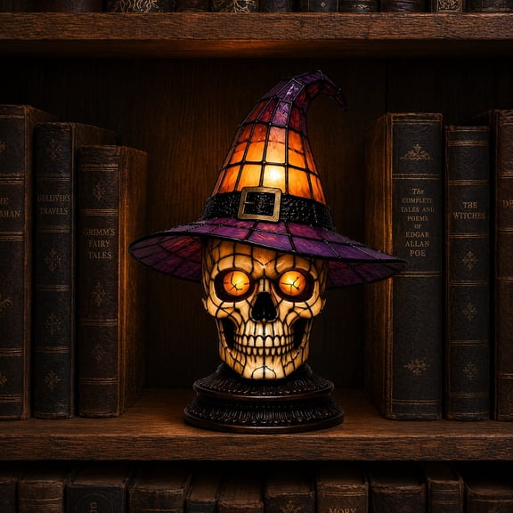 Skeleton Stained Glass Style Witch Hat Lamp, Gothic Tiffany Table Night Light, Novelty Halloween Decor Lamp for End Table Mantel Display
