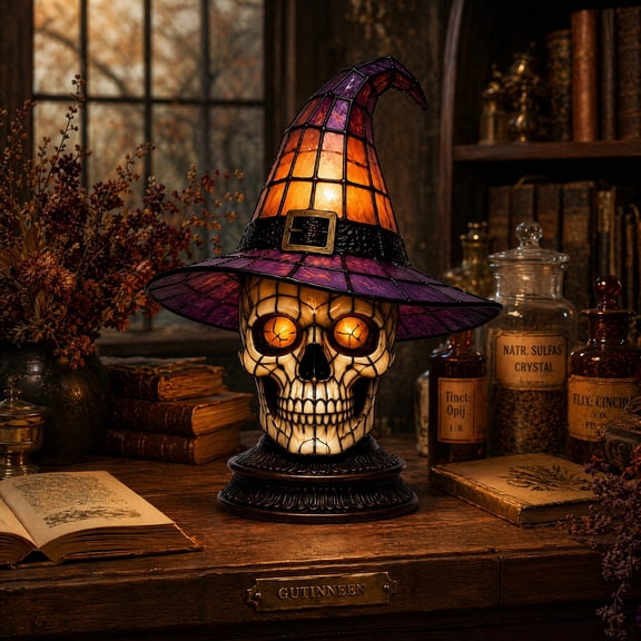 Skeleton Stained Glass Style Witch Hat Lamp, Tiffany Gothic Glowing Eye Skull Table Lamp, Halloween Spooky Bedside Night Light for Witchy Room Decor Gift