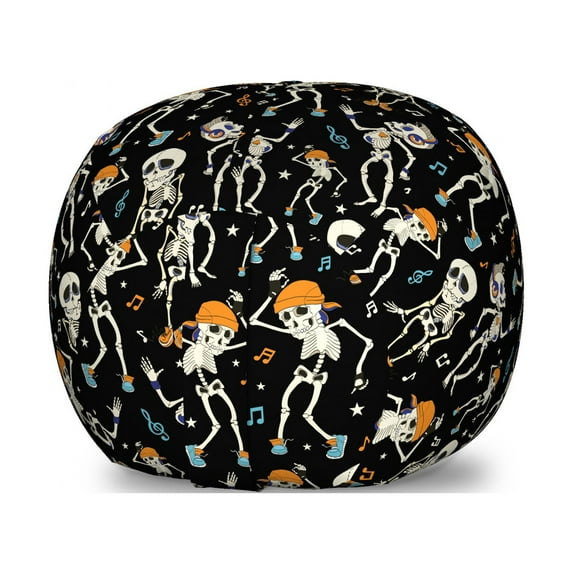Skeleton Storage Toy Bag Chair, Humorous Dancing Halloween Party Musical Notes and Stars, Stuffed Animal Organizer Washable Bag, Large Size, Charcoal Grey Multicolor, by Ambesonne