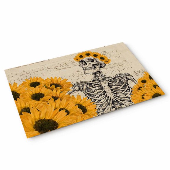 Skeleton with Sunflower Door Mat Retro Sheet Music Funny Non Slip Absorbent Entrance Mat Washable Low Profile Indoor Doormat for Front Door Entryway Entry 20"x31"