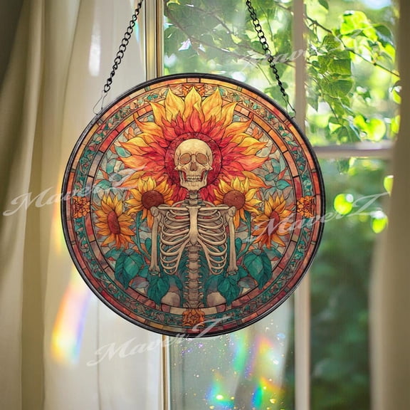 Skeleton Sunflower Glass Suncatcher, Round Gothic Floral Window Panel, Day Of The Dead Glass Art Home Decor Gift, Suncatcher Window Hanging, 3.5 in