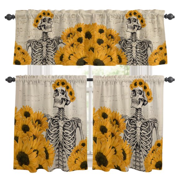 Skeleton with Sunflower Kitchen Curtains Set for Windows, Retro Sheet Music Funny Curtains Valance and Tier 3 Piece Set Small Drapes 24 Inch Length for Kitchen Bedroom Decor