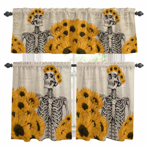 Skeleton with Sunflower Kitchen Curtains and Valances Set, Retro Sheet Music Funny Rod Pocket Window Valance 18 Inch Window Curtain Panels for Living Room Bedroom Laundry, 27.5x24in, 3 Pieces