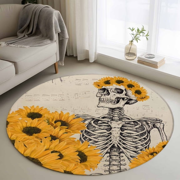Skeleton with Sunflower Round Living Room Rugs 4 ft, Retro Sheet Music Funny Washable Area Rug with Non-Slip Sturdy Edge Binding Round Carpet for Entryway Kitchen Bedroom Bathroom