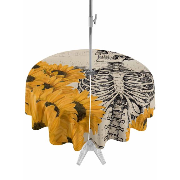 Skeleton with Sunflower Round Outdoor Tablecloth with Umbrella Hole Retro Sheet Music Funny 54 Inch Round Waterproof Table Cover Zippered Table Cloth for Garden Patio