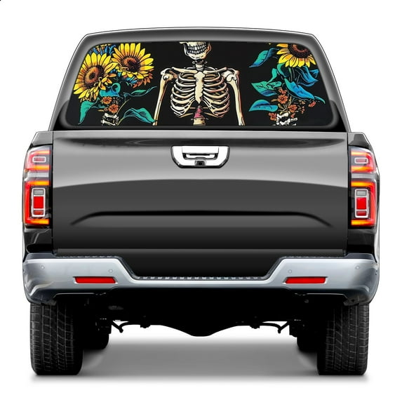 Skeleton Sunflower Welcom 1 Rear Window Decals for Trucks- Pickup Car Window Stickers Decal- Truck Back Window Tint Decal Graphic Perforated Vinyl Truck Stickers 66" X 22"