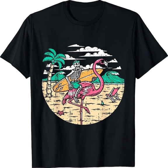 Skeleton Surfer Riding Flamingo Halloween Costume Surfing T-Shirt