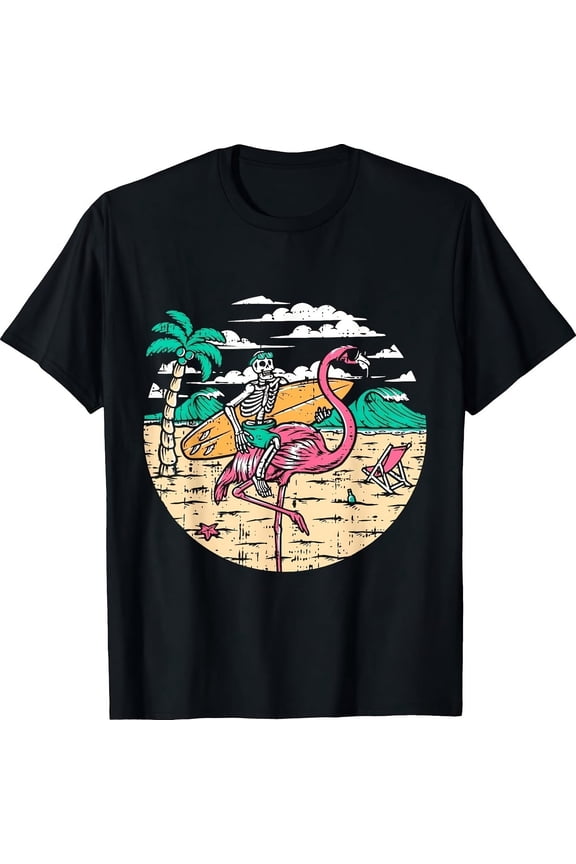 Skeleton Surfer Riding Flamingo Halloween Costume Surfing T-Shirt