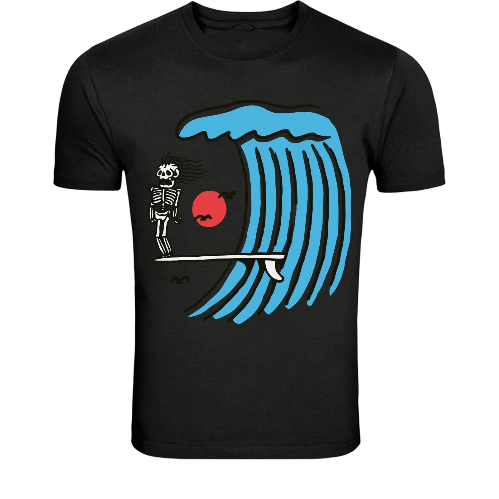 Skeleton Surfer Wave Sunset T-Shirt - Funny Surfing Skull Graphic